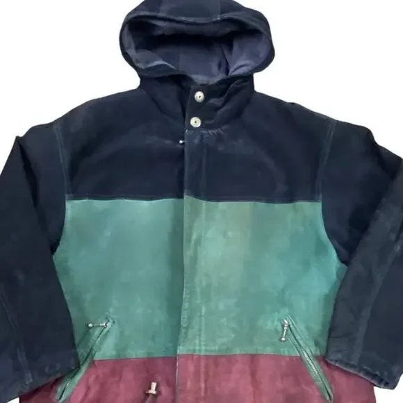 Outbrook Hooded Color Block Suede Coat Jacket Ladies Large Black Green Burgundy - Picture 2 of 16